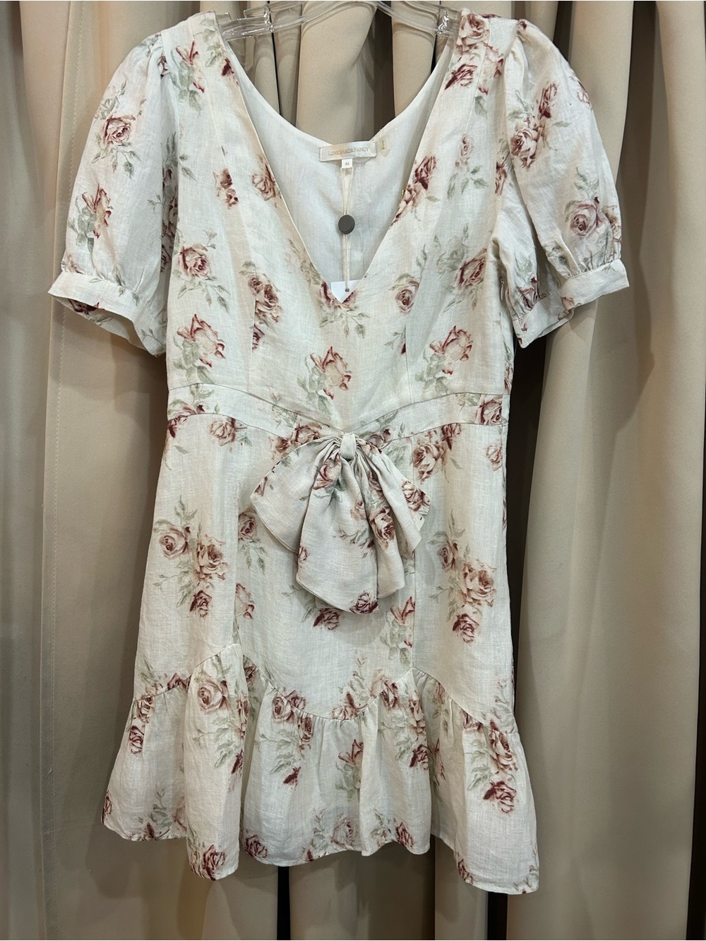 LoveShackFancy Cream Mini Dress with Rose Print